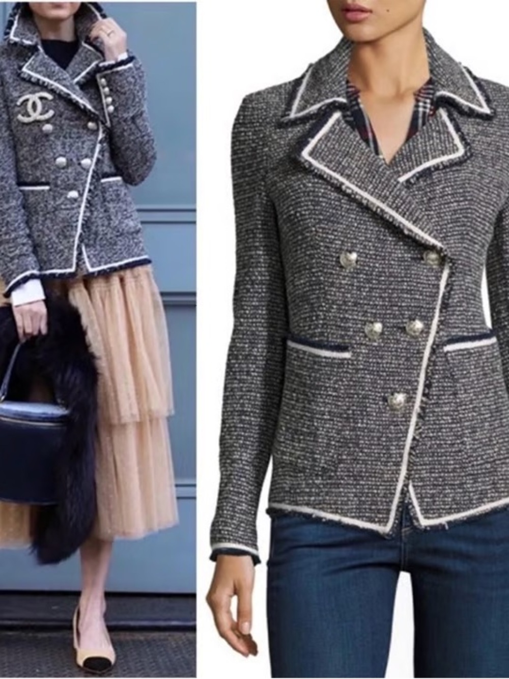 Veronica Beard Chic Double-Breasted Tweed Jacket - navy and white